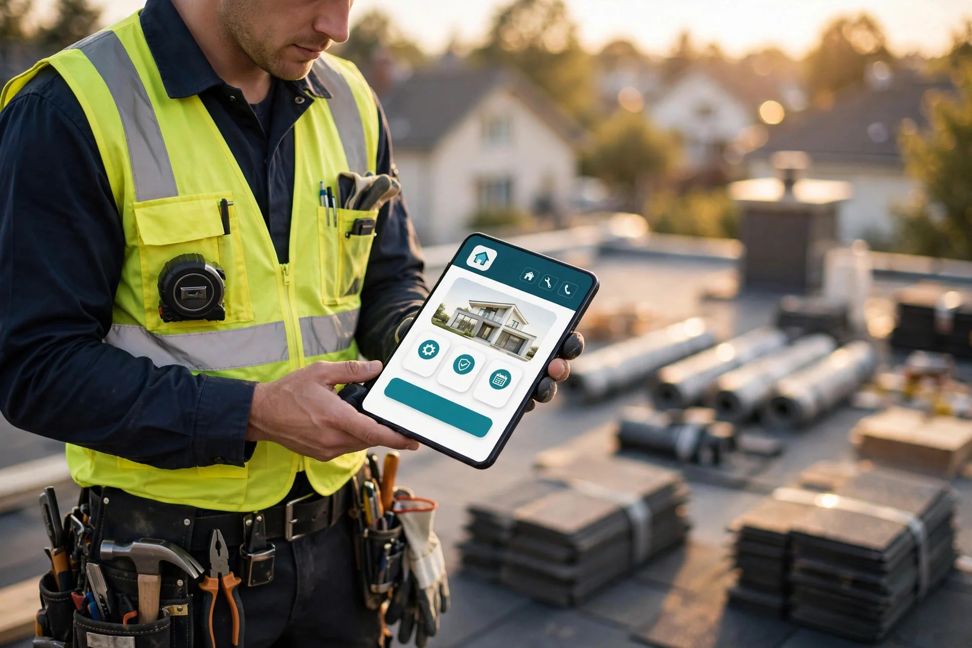 Contractor holding a smartphone showing a business website