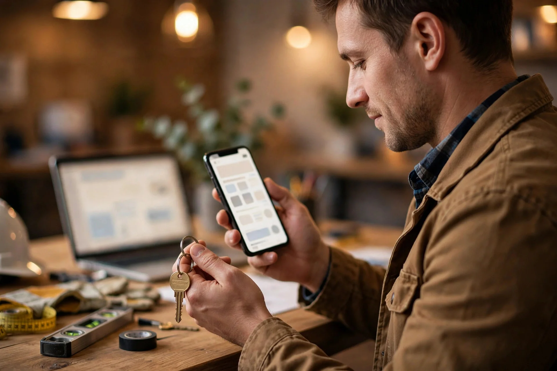 Contractor holding a key and a smartphone showing a business website, taking ownership of a new site