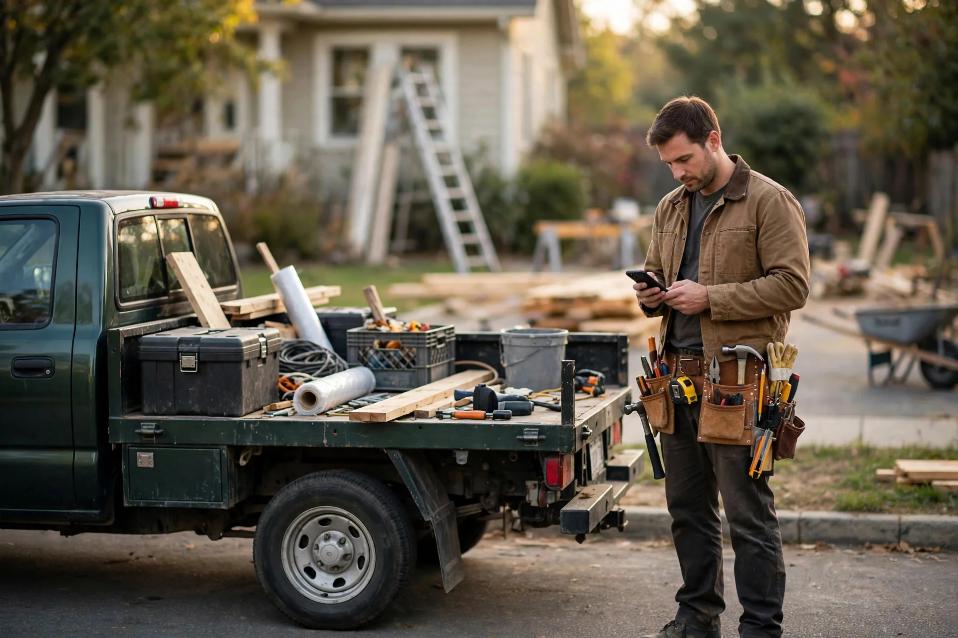 Contractor checking an AI chat booking on his smartphone at a job site