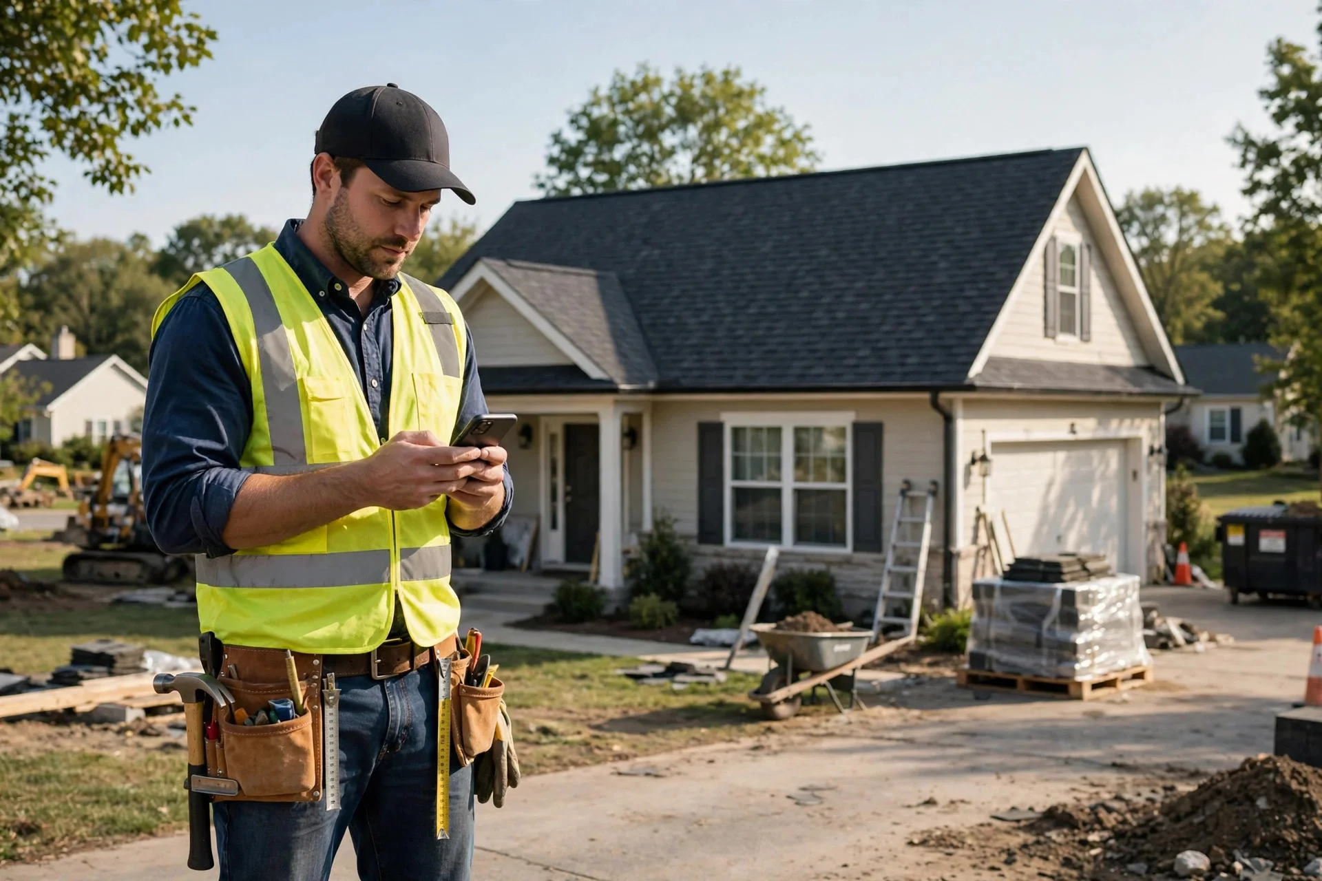 Contractor checking his business website on a smartphone at a residential job site.