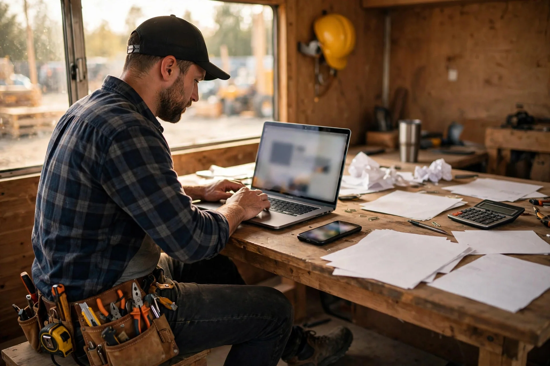 Contractor with tool belt building his own website on a laptop at a job site trailer, weighing the DIY website builder vs hiring a web designer cost.