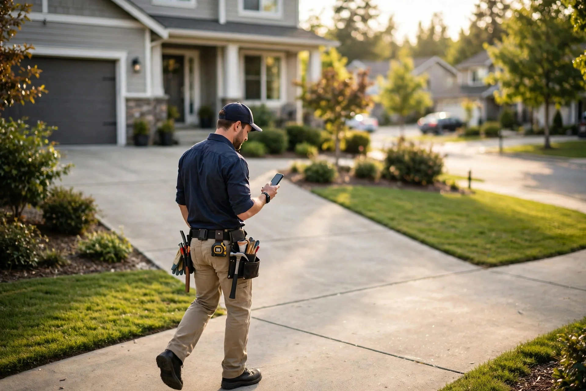 Contractor walking up to a customer's house holding a smartphone showing a map search result