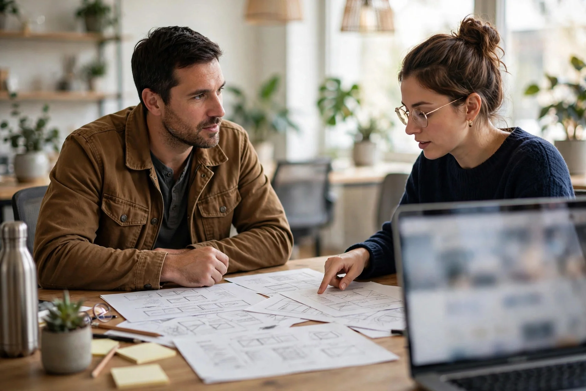 Contractor discussing website project costs with a designer at an office desk, reviewing website layout sketches.