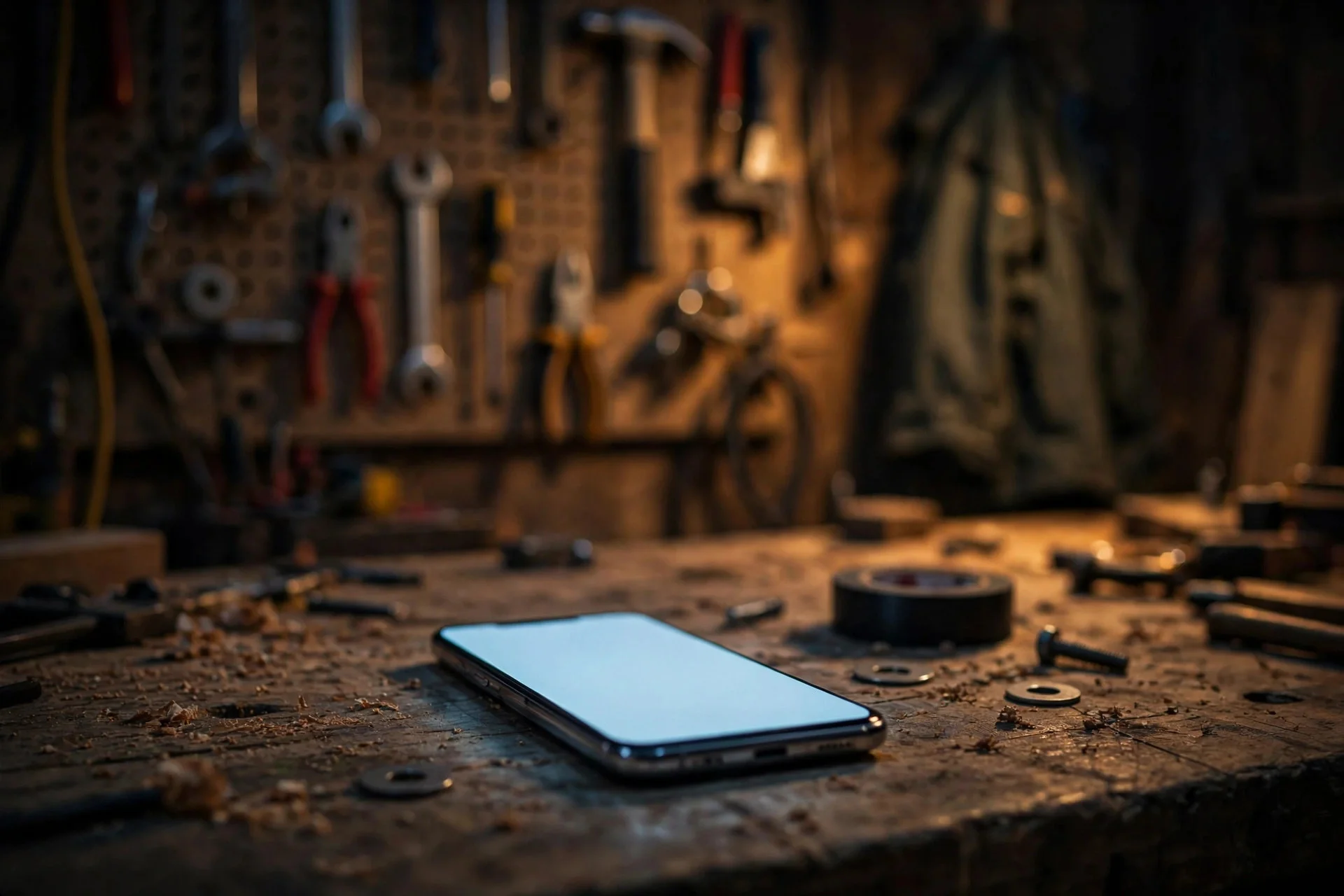 Contractor's smartphone on a workshop workbench at night, receiving an automated follow-up text after a missed call