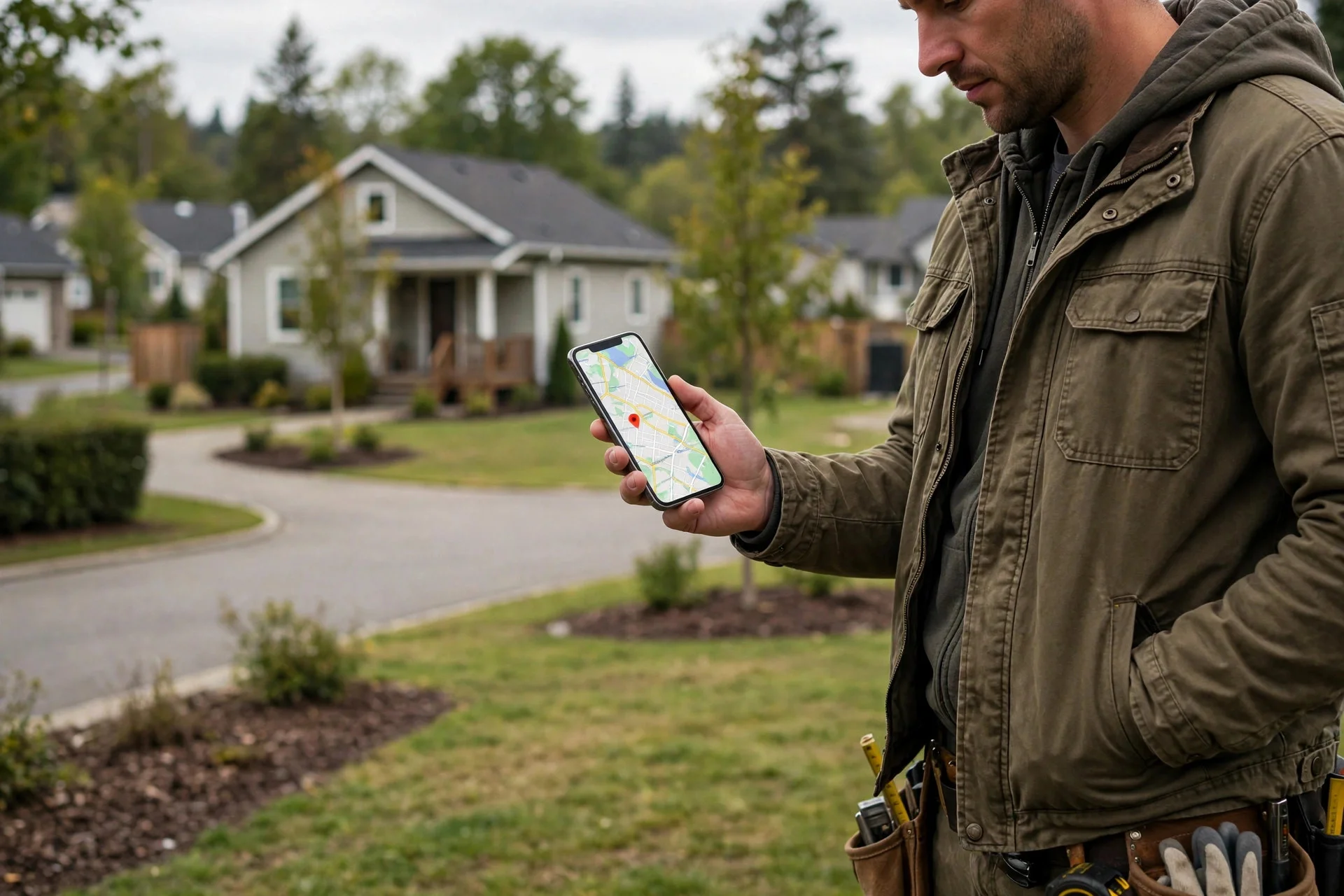 Contractor holding a smartphone showing a map with a business location pin.