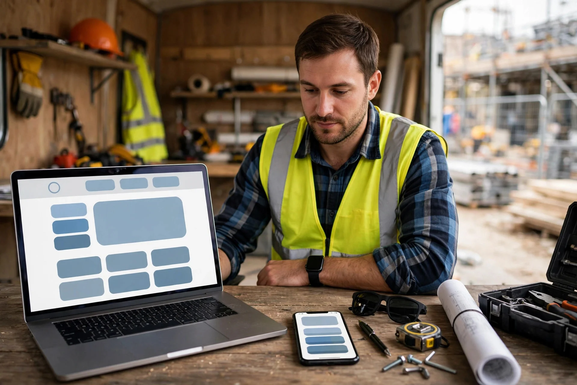 Contractor in a hi-vis vest reviewing a website redesign mockup on a laptop at a jobsite desk, smartphone beside it showing the site.