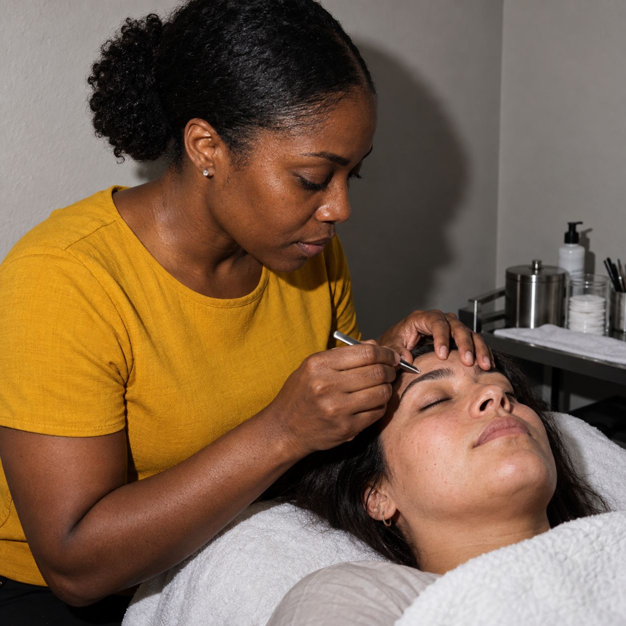 An esthetician shapes a client’s brows.