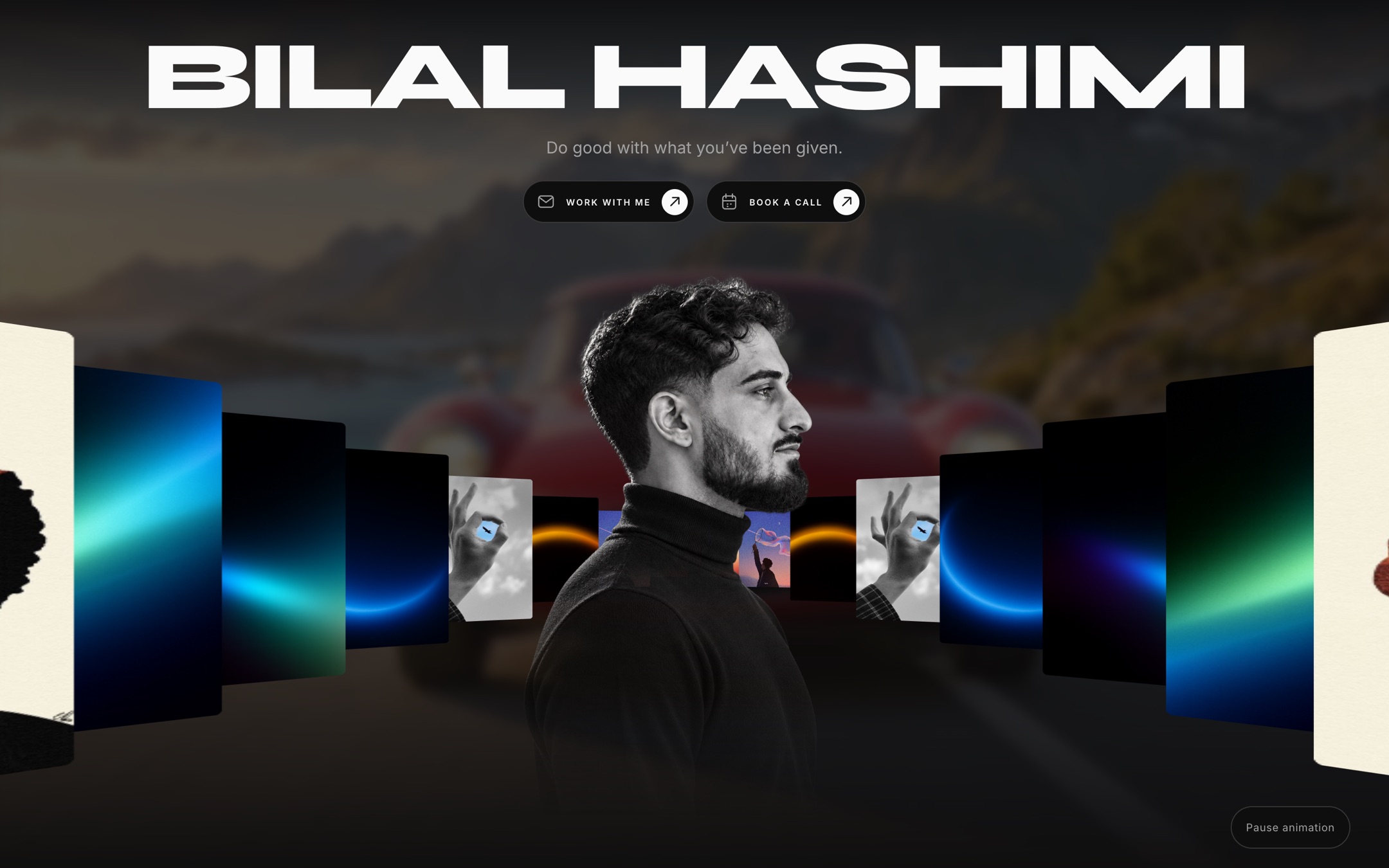 bilalhashimi.ca after a short scroll: a red car has come closer on the road behind the portrait.