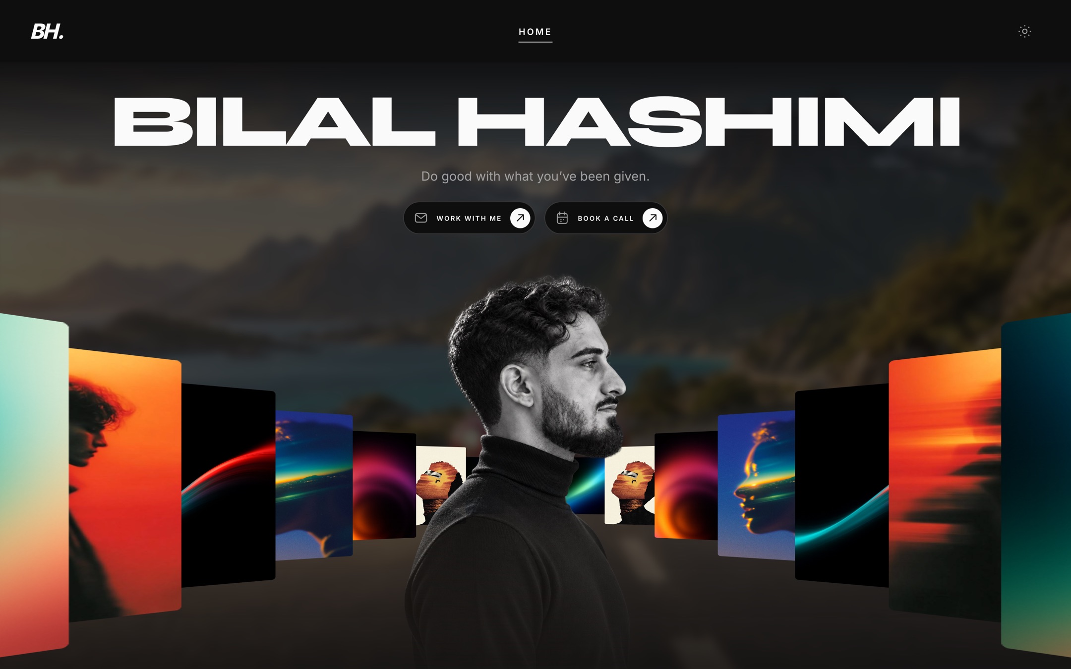 The top of bilalhashimi.ca on a laptop: the name Bilal Hashimi in large white letters, two buttons, a portrait, and rails of pictures on either side.