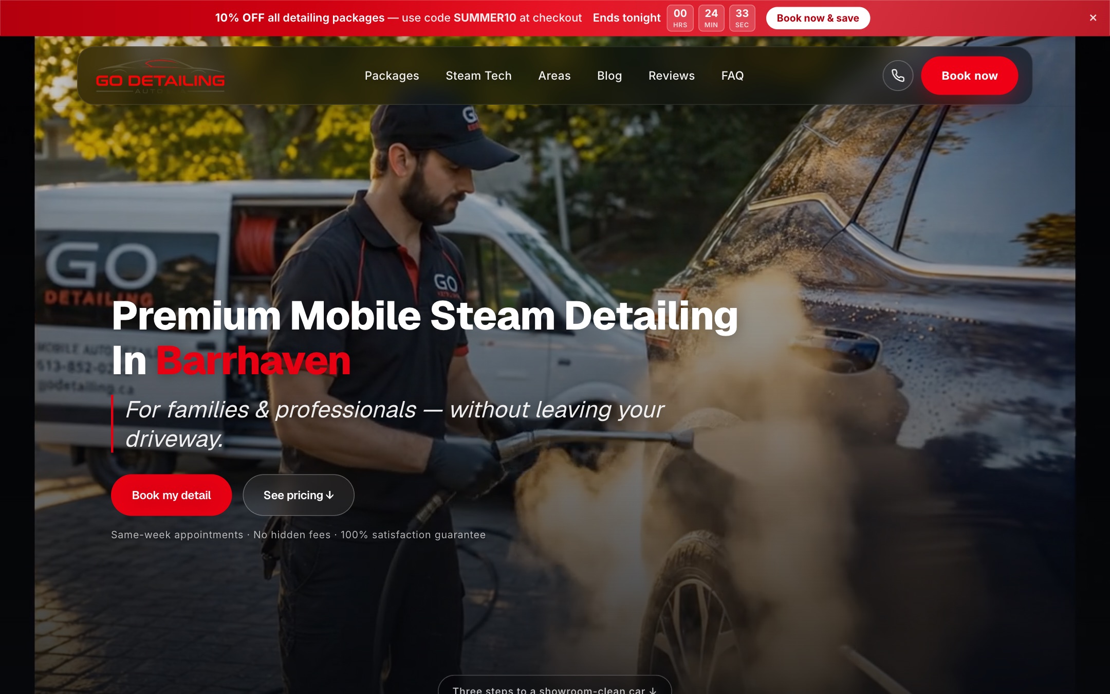 The top of godetailing.ca on a laptop: a detailer steam-cleaning a car beside a Go Detailing van, the headline Premium Mobile Steam Detailing in Barrhaven, and a red Book my detail button.