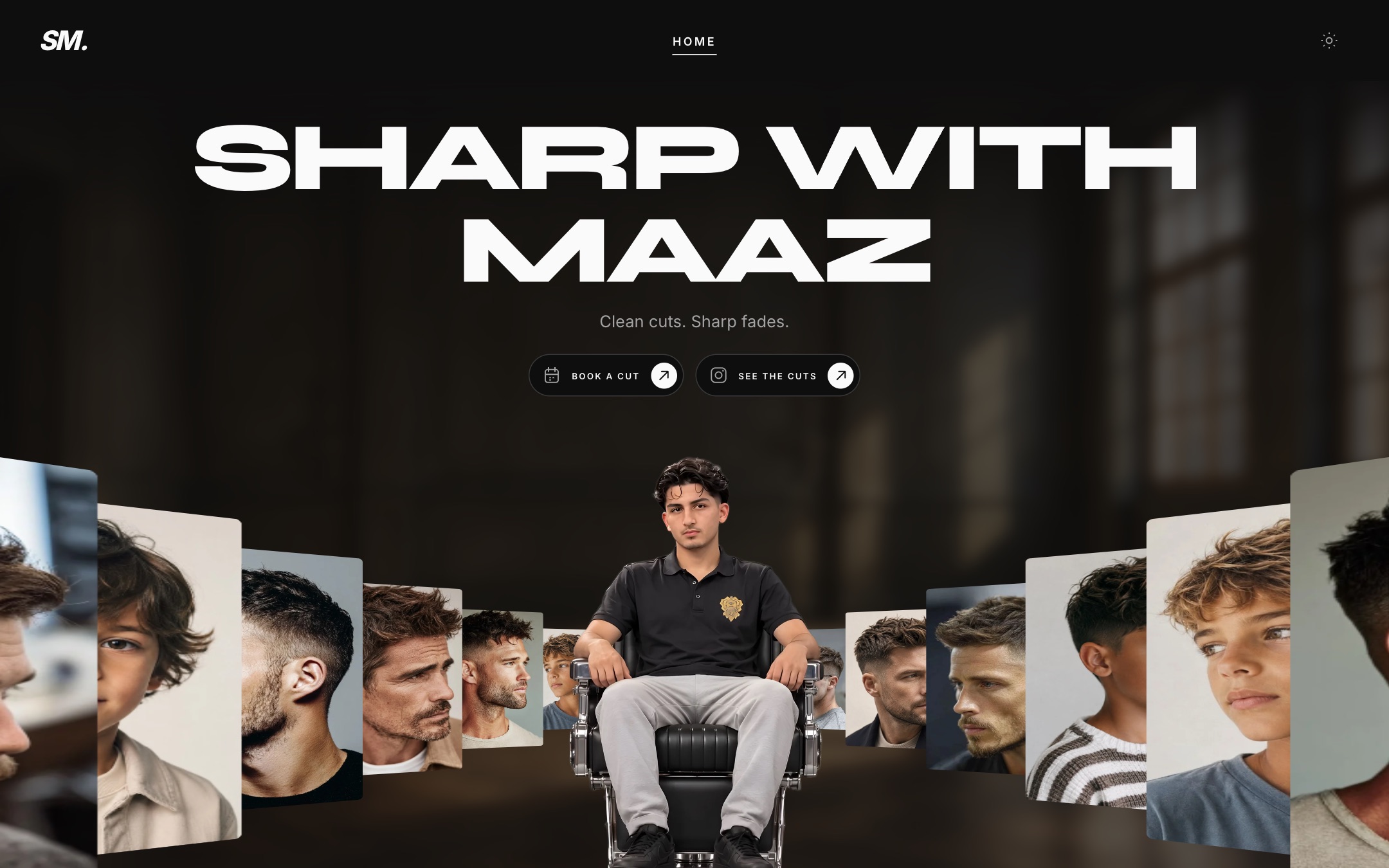 The top of sharpwithmaaz.ca on a laptop: SHARP WITH MAAZ in large letters, Book a cut and See the cuts buttons, and Maaz seated in a barber chair between rails of haircut photos.